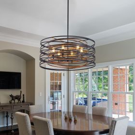 24" Rustic Industrial Pendant Light, 6-Light Black and Walnut Metal Cage Chandelier with Wood Accents for Kitchen Island and Dining Room (No Bulbs)