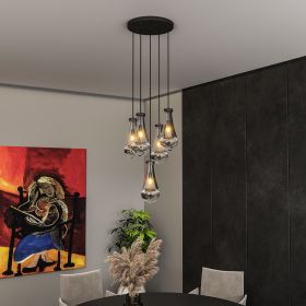 5 Light Cluster Pendant Lights, Black High Ceiling Chandeliers Adjustable, Living Room Pendant Light, Foyer Chandeliers, Stairwell Pendant Lighting
