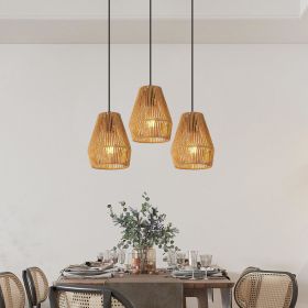 7" Set of 3 Rustic Hemp Rope Pendant Light, Handcrafted Farmhouse Hanging Light Fixture, Adjustable Height Ceiling Lamp for Kitchen Island