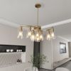 9-Light Gold Glass Chandelier, Adjustable Height Dining Room Light Fixtures Over Table