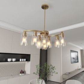 9-Light Gold Glass Chandelier, Adjustable Height Dining Room Light Fixtures Over Table