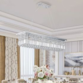 Modern Crystal Chandelier for Dining Room 8-Light White Rectangle Raindrop Chandelier Contemporary Rectangular Pendant Light Fixture for Kitchen Islan