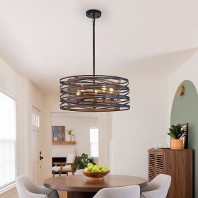 20" Rustic Industrial Pendant Light, 5-Light Black and Walnut Metal Cage Chandelier with Wood Accents for Kitchen Island and Dining Room (No Bulbs)