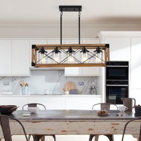 32" Walnut Industrial Farmhouse Rectangle Pendant Light, 5-Light Chandelier with Lampshades for Dining Room, Kitchen Island, Cafe Decor (No Bulbs)