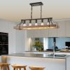 34-Inch Black and Walnut Wood Grain Pendant Light, 5 E26 Bulb Sockets, Adjustable Chain Height – Modern Farmhouse Chandelier for Dining Room, Kitchen