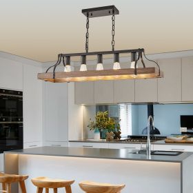 34-Inch Black and Walnut Wood Grain Pendant Light, 5 E26 Bulb Sockets, Adjustable Chain Height – Modern Farmhouse Chandelier for Dining Room, Kitchen