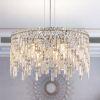 24" Luxurious Round Silver Crystal Chandelier, Contemporary Rectangular Pendant Light for Dining Room, Living Room