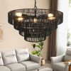 20" Rustic 4-Tier Black Hemp Rope Pendant Light Chandelier with 6 E12 Sockets, Handmade Tiered Boho Ceiling Light Fixture for Dining Room, Kitchen