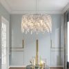 24" Luxurious Round Silver Crystal Chandelier, Contemporary Rectangular Pendant Light for Dining Room, Living Room