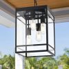 Large Outdoor Pendant Light for Porch, Black Outdoor Hanging Light Fixture with Seeded Glass Panel